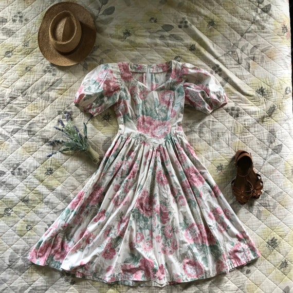 Vintage Floral Puff Sleeve Dress, Vintage 90s Puff