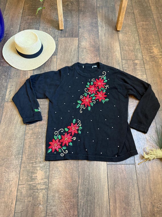 Vintage Pullover Christmas Sweater, Poinsettia Cardigan, Poinsettia Christmas Sweater, 90s Christmas Sweater, Poinsettia Christmas Pullover