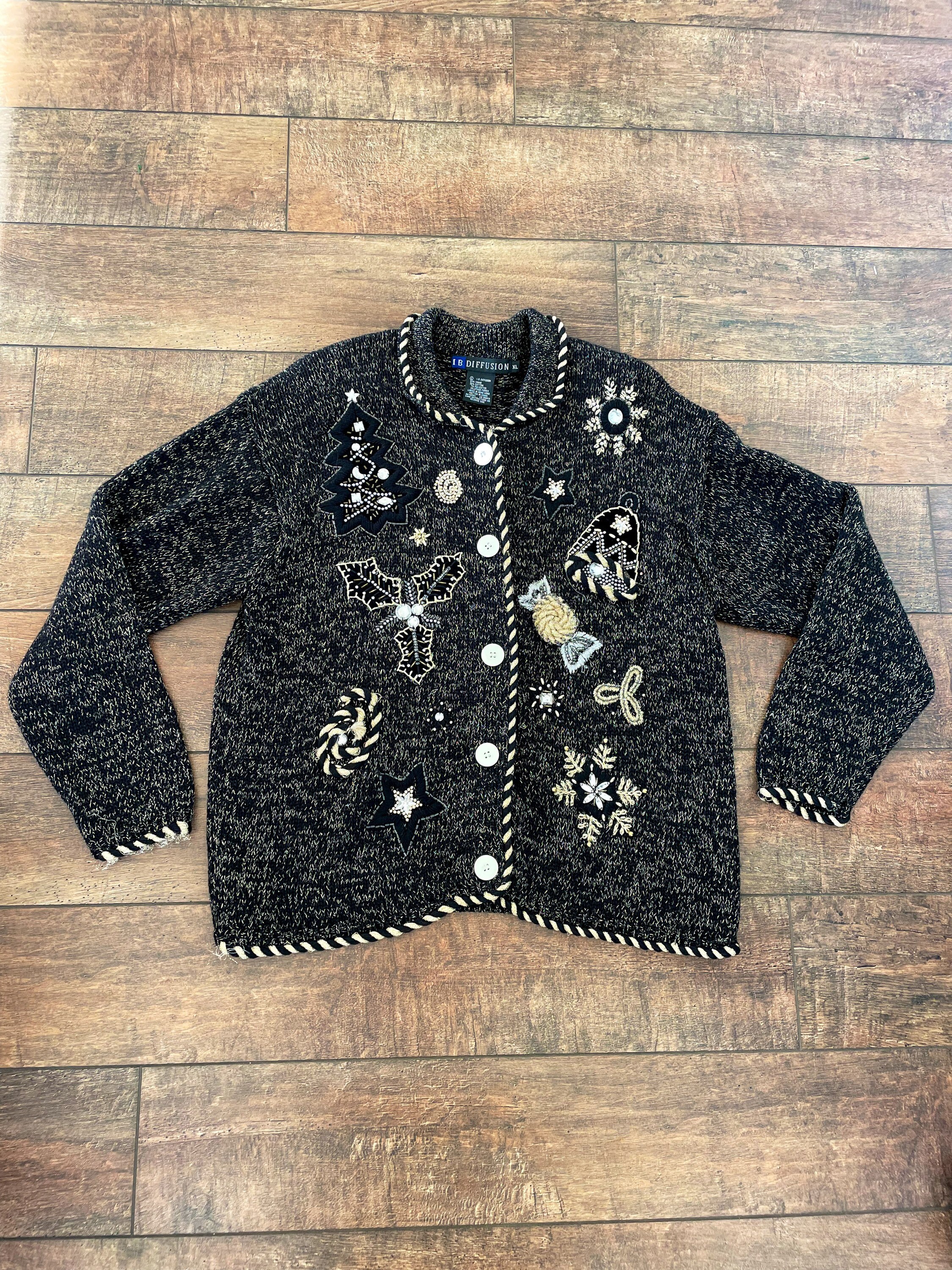 SMartPotter Vintage Christmas Cardigan Sweater, Glitter Christmas Cardigan, Christmas Sweater, 90s Christmas Cardigan, Black and Gold Christmas Cardigan