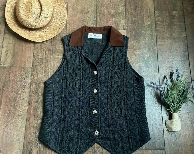 Vintage Sweater Vest With Suede Collar, Vintage Cable Knit Sweater Vest