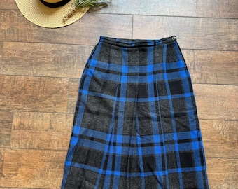 Falda de tartán azul vintage - Falda de lana a cuadros vintage - Falda de tartán vintage - Talla 8 - Personalizada - 100 % lana