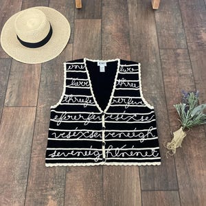 Vintage Cursive Sweater Vest,Black and White Sweater Vest,90s Sweater Vest,Vintage Romantic Sweater Vest,Black and White Striped Sweatervest