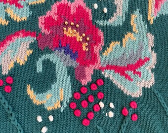 Vintage Embroidered Floral Sweater, Lattice Floral Knit Sweater