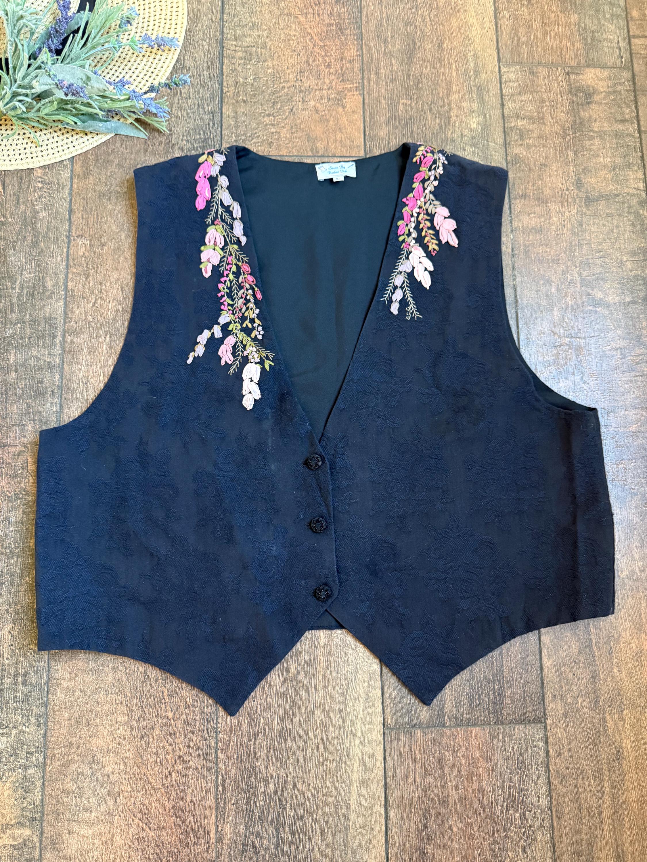 90s Floral Blue Vest - Vintage 90s Floral Appliqué Vest - Size 