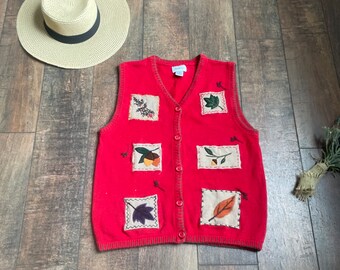 Gilet maglione autunnale vintage anni '90, gilet maglione del Ringraziamento anni '90, gilet maglione vintage patchwork Harvest, gilet maglione vintage con foglie e fiori