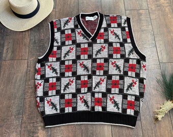 Vintage Christmas Knit Sweater Vest, Christmas Sweater Vest, Christmas Argyle Sweater Vest, Vintage KNIT Christmas Vest, Argyle Christmas XL