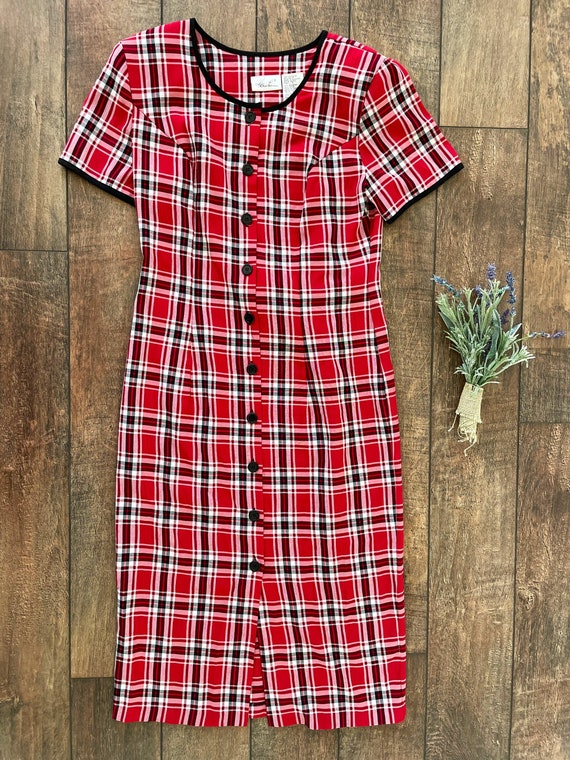 open lace back dress Matilda Girls Puff Sleeve Dress Red Houndstooth Check – Busy Bees main image 0