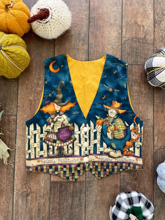 Vintage 90s Halloween Vest, Witch and Scarecrow V… - image 2