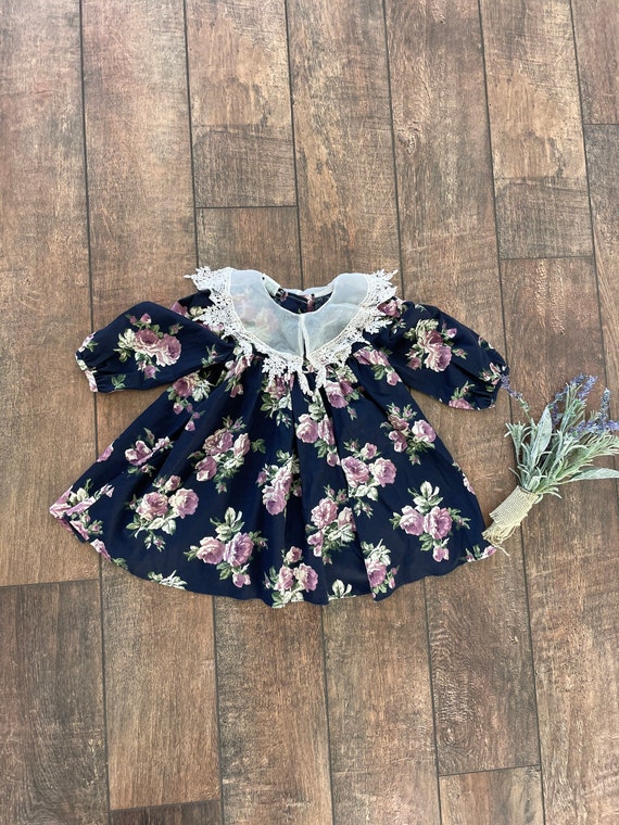 Vintage 90s Floral Toddler Dress, Lace Collar Flor