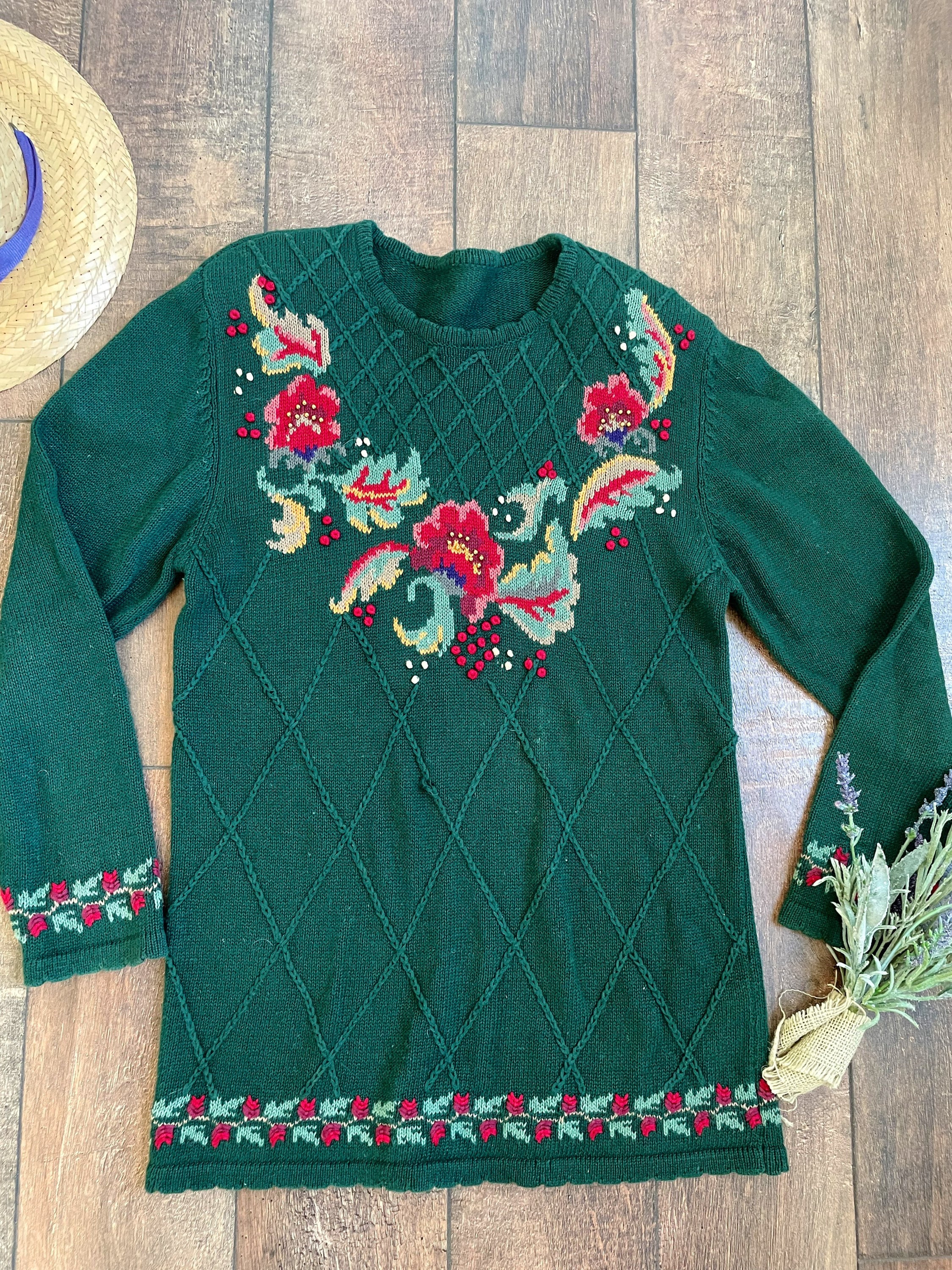 Vintage Embroidered Floral Sweater, Lattice Floral Knit Sweater