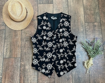 Vintage 90er Bestickte Weste, Vintage 90er Schwarz Gold Vines Weste, 90er Monica Geller Weste, Phoebe Buffay Weste, 90er Schwarz Floral Weste,Schwarze Weste