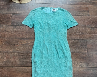 Abito da cocktail vintage in seta con perline anni '80: blu-verde - taglia 8 - Abito in seta con perline e paillettes