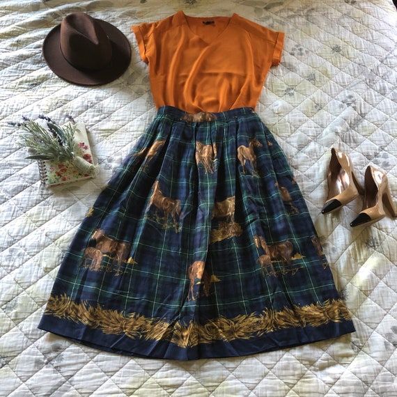 Vintage Plaid Gold Horse Midi Skirt, 90s Susan Bri