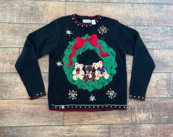 BP Design Teddy Bear Christmas Sweater Size XL Wreath Beaded Embroidered