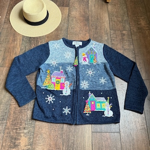 Cardigan de Natal Vintage dos anos 90, Cardigan de Boneco de Neve Vintage, Suéter de Natal de Boneco de Neve Vintage, Cardigan de Natal Bonito dos anos 90