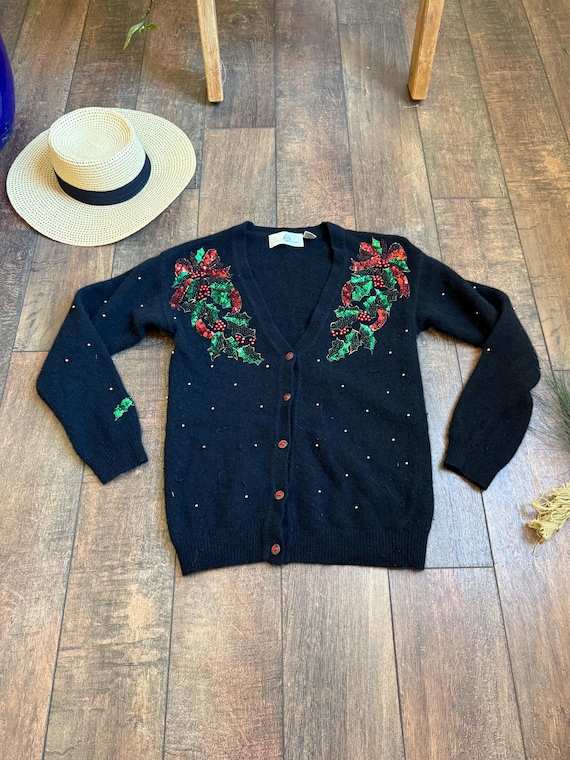 Vintage Christmas Cardigan Sweater, Poinsettia Cardigan, Poinsettia Christmas Sweater, 90s Christmas Cardigan, Poinsettia Christmas Cardigan