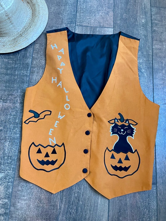 Vintage 90s Halloween Vest, Pumpkin Kitty Vest, V… - image 2