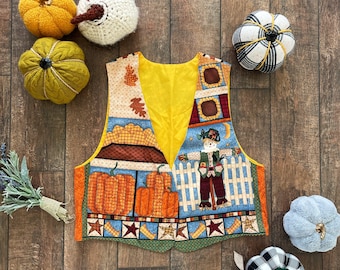 Vintage 90s Fall Vest, Scare Crow Vest, Vintage 90s Pumpkin Harvest Vest, Thanksgiving Vest, 90s Vest, Vintage Pumpkin Patch Vest, 90s Fall