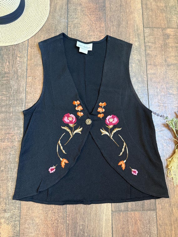 Vintage 90s Vest, Vintage 90s Black Embroidered Vest, 90s Monica