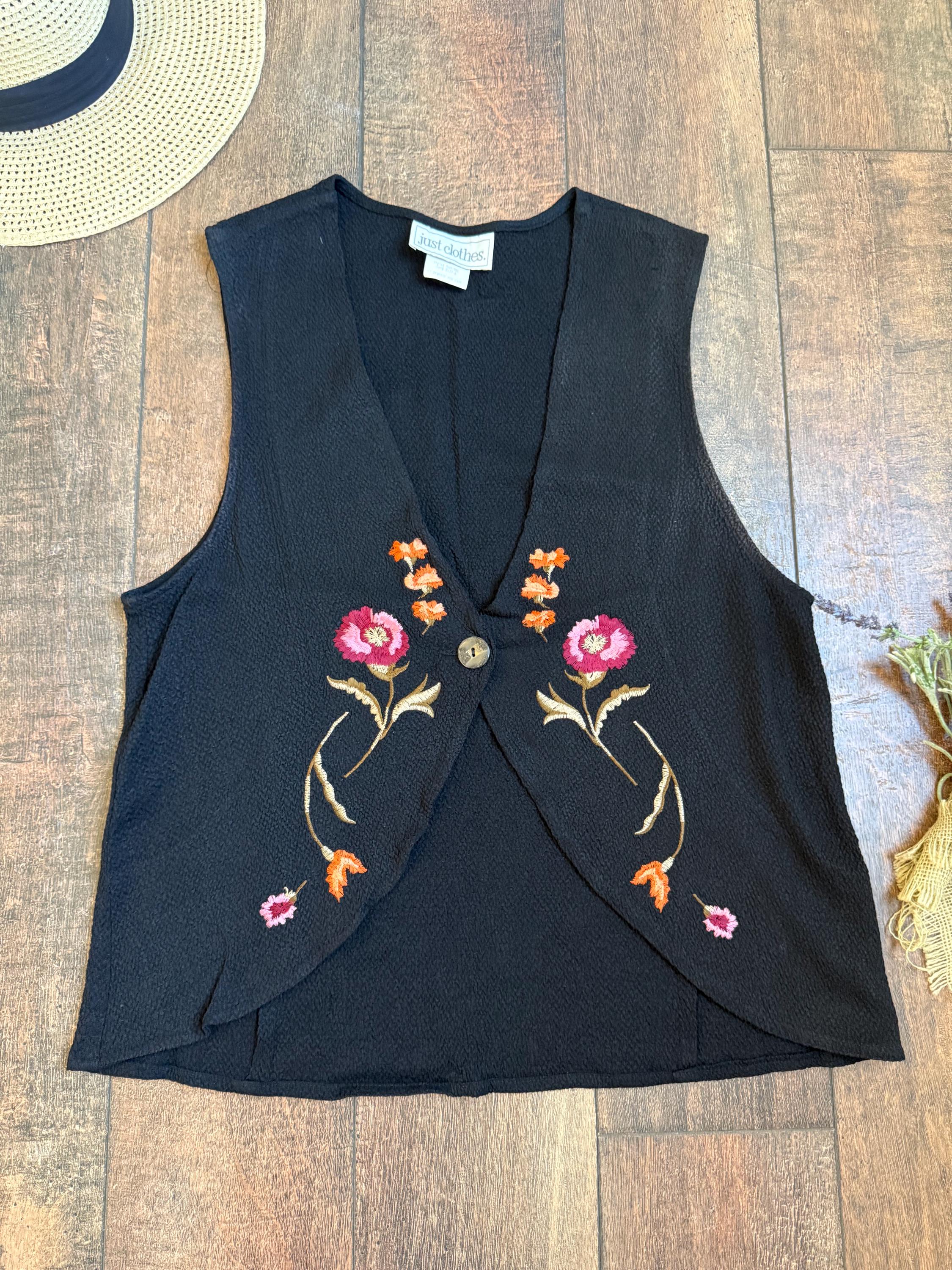 Vintage 90s Vest, Vintage 90s Black Embroidered Vest, 90s Monica