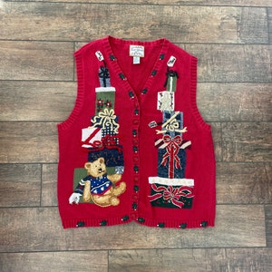 Vintage 90s Christmas Present Sweater Vest, Vintage 90s Cute Christmas Sweater Vest, Vintage Teddy Bear Sweater Vest, Heirloom Collectibles