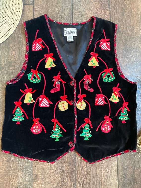 Vintage Velvet Christmas Vest, 90s Christmas Tree… - image 2