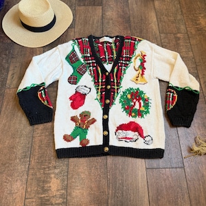Cardigan de Natal Vintage dos anos 90 Candy Cane, Cardigan de Natal Vintage Gingerbread, Suéter de Natal Vintage, Cardigan de Natal Bonito dos anos 90
