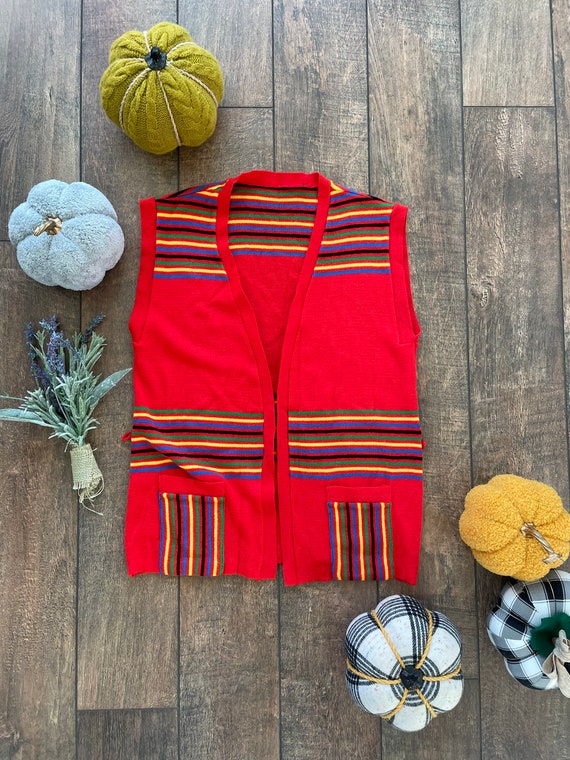 Vintage Knit Red Tunic Vest, Bright Red Knit Vest, Red Tunic