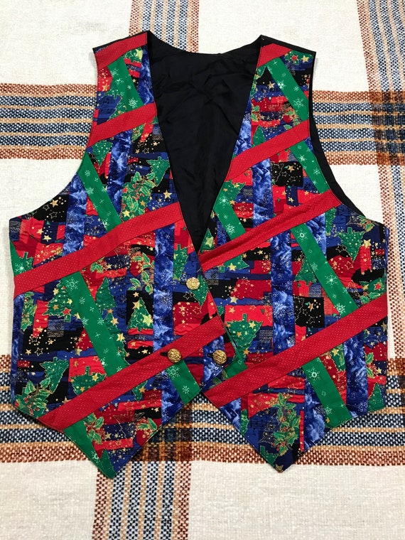 Vintage 90s Quilted Patchwork Christmas Vest, 90s… - image 1
