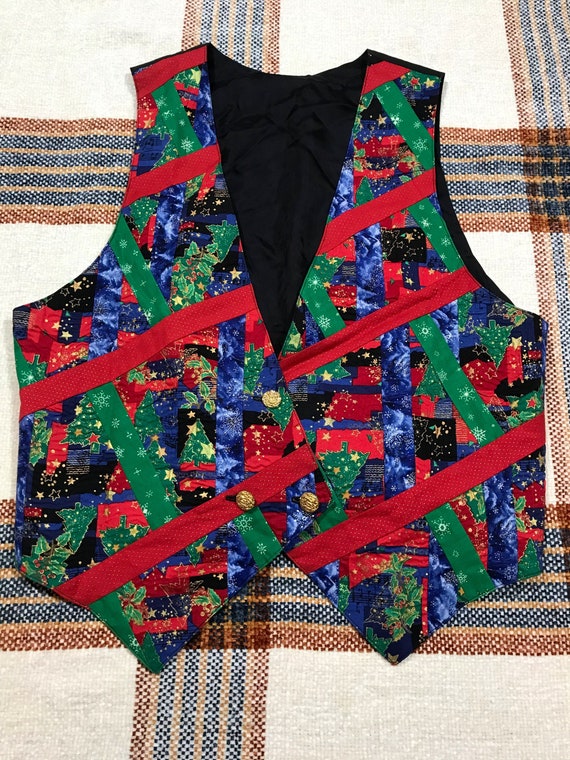 Vintage 90s Quilted Patchwork Christmas Vest, 90s Holiday Vest  
