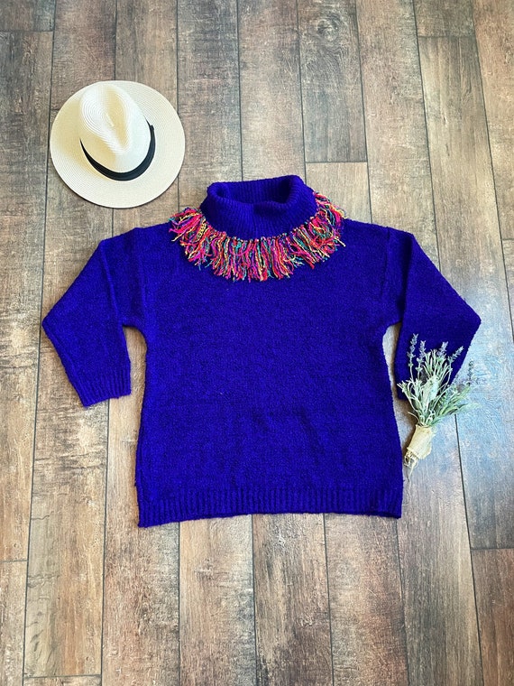 Vintage Purple Turtleneck Sweater With Rainbow Fri