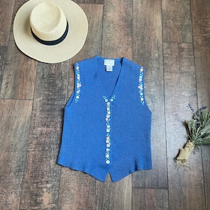 Vintage Avonlea Sweater Vest, Vintage Blue Sweater Vest, Beautiful Sweater Vest, Cottage Garden Floral Sweater Vest,90s Floral Sweater Vest