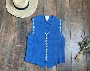 Vintage Avonlea Sweater Vest, Vintage Blue Sweater Vest, Beautiful Sweater Vest, Cottage Garden Floral Sweater Vest,90s Floral Sweater Vest