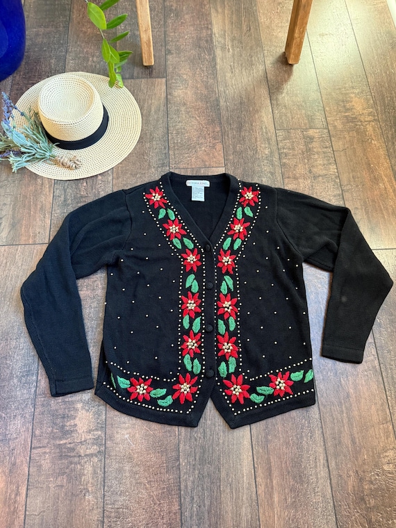 Vintage Christmas Cardigan Sweater,Poinsettia Cardigan,90s Christmas Cardigan,Poinsettia Christmas Cardigan SIZE MEDIUM