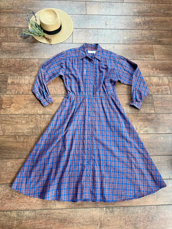 50s Plaid Full Skirt collared dress, 50s full len… - image 1