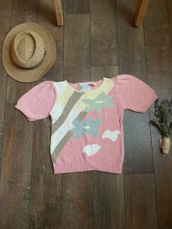 80s short sleave embroidered sweater, Nancy stranger things sweater,80s sweaters, vintage sweater,embroidered vintage sweater,Floral Sweater