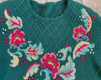 Vintage Embroidered Floral Sweater, Lattice Floral Knit Sweater