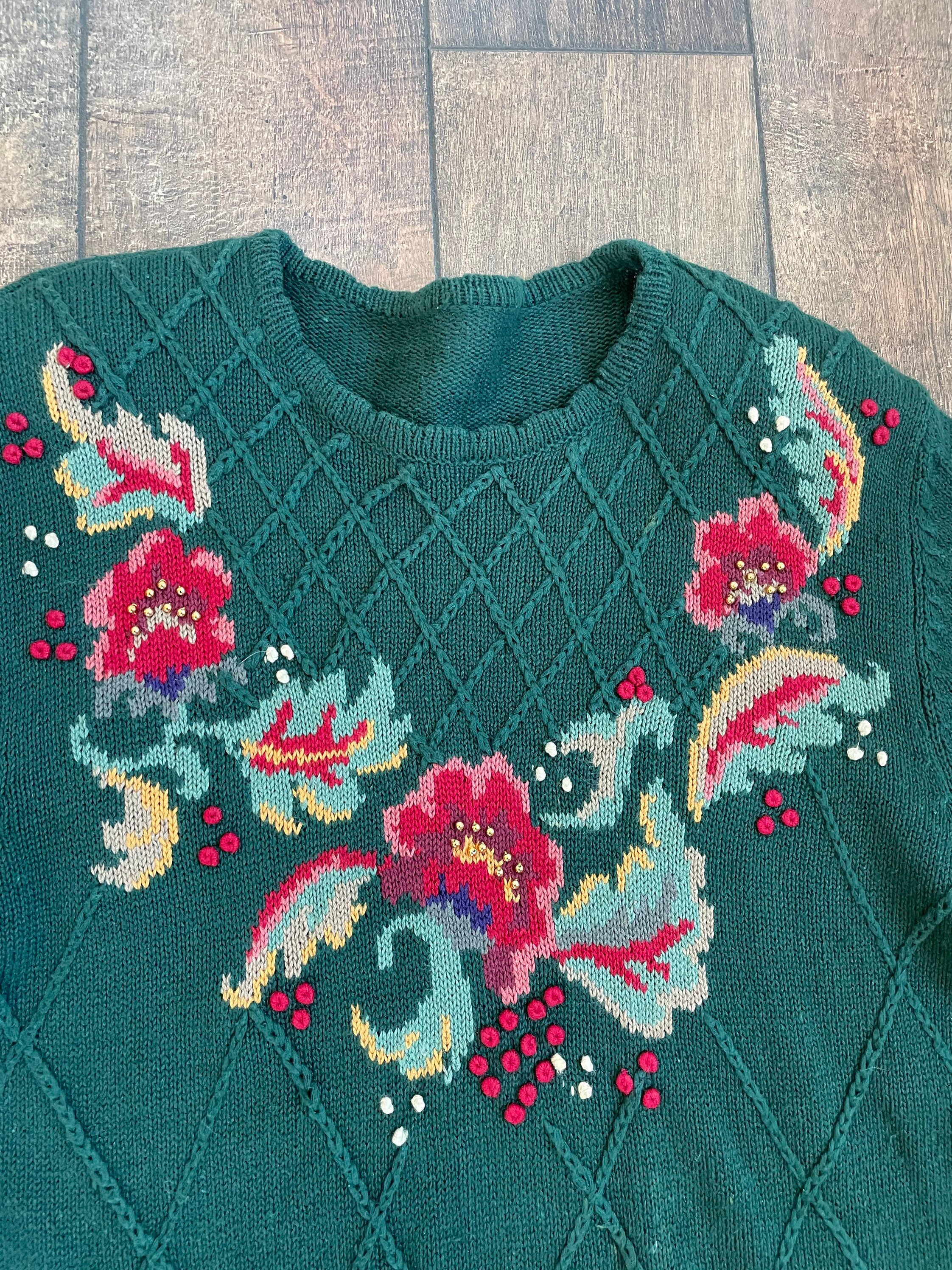 Vintage Embroidered Floral Sweater, Lattice Floral Knit Sweater