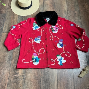 Cardigan de Natal Vintage dos anos 90, Cardigan de Boneco de Neve Vintage, Suéter de Natal Vintage Studio Works, Cardigan de Natal Bonito dos anos 90, 1X