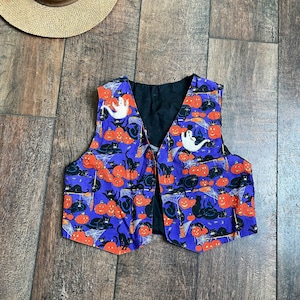 Vintage 90s Halloween Vest, Witches Ghosts Jack-o-lanterns Cat Vest, Cute Halloween Vest, Vintage Candy Corn Vest, Cute Halloween Vest