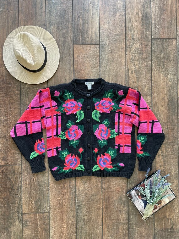 Vintage 90s Knit Rose Cardigan Sweater 