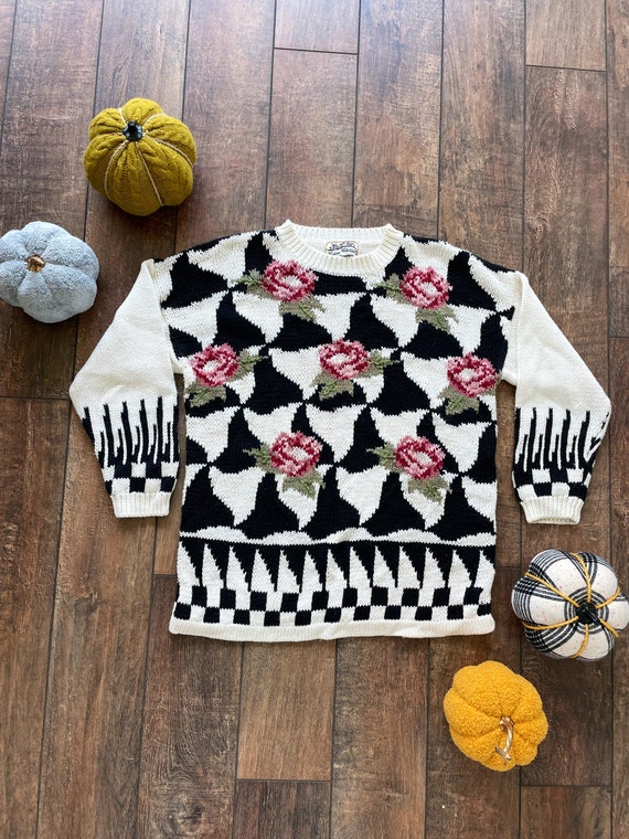Floral Oversized Sweater, 90s Vintage Womens Knit Sweater, Floral