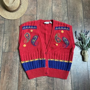 Vintage 90s Paisley Sweater Vest, 90s Thanksgiving Sweater Vest, Vintage Russ Sweater Vest,Vintage Leaves and Flowers Sweater Vest, Vintage
