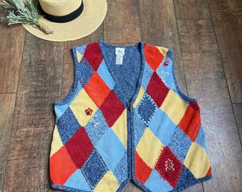 Chaleco vintage de otoño de los 90, Chaleco vintage, Chaleco vintage con estampado de hojas de otoño, Chaleco de maestra de los 90, Chaleco de mamá de los 90, Chaleco acolchado a cuadros de los 90, Chaleco de otoño alegre y divertido