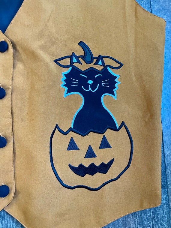 Vintage 90s Halloween Vest, Pumpkin Kitty Vest, V… - image 4