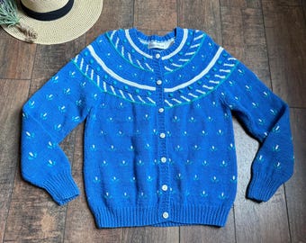 Vintage Spring Floral Cardigan, Vintage Floral Cardigan, Tulip Stitch Sweater, Spring Cardigan, Cottage Core Cardigan, SIZE SMALL