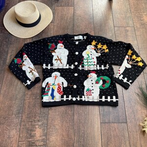 Cardigan de Natal Vintage dos anos 90, Cardigan de Boneco de Neve Vintage, Suéter de Natal de Boneco de Neve Vintage, Cardigan de Natal Bonito dos anos 90