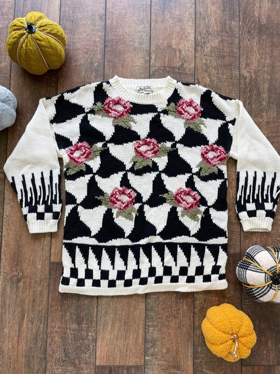 Floral Oversized Sweater, 90s Vintage Womens Knit Sweater, Floral