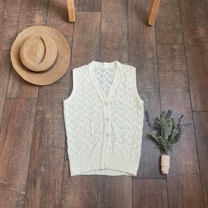 Vintage Knit Sweater Vest, Vintage Leaf Stitch Sweater Vest, Romantic Sweater Vest, White Sweater Vest, Anne of Green Gables