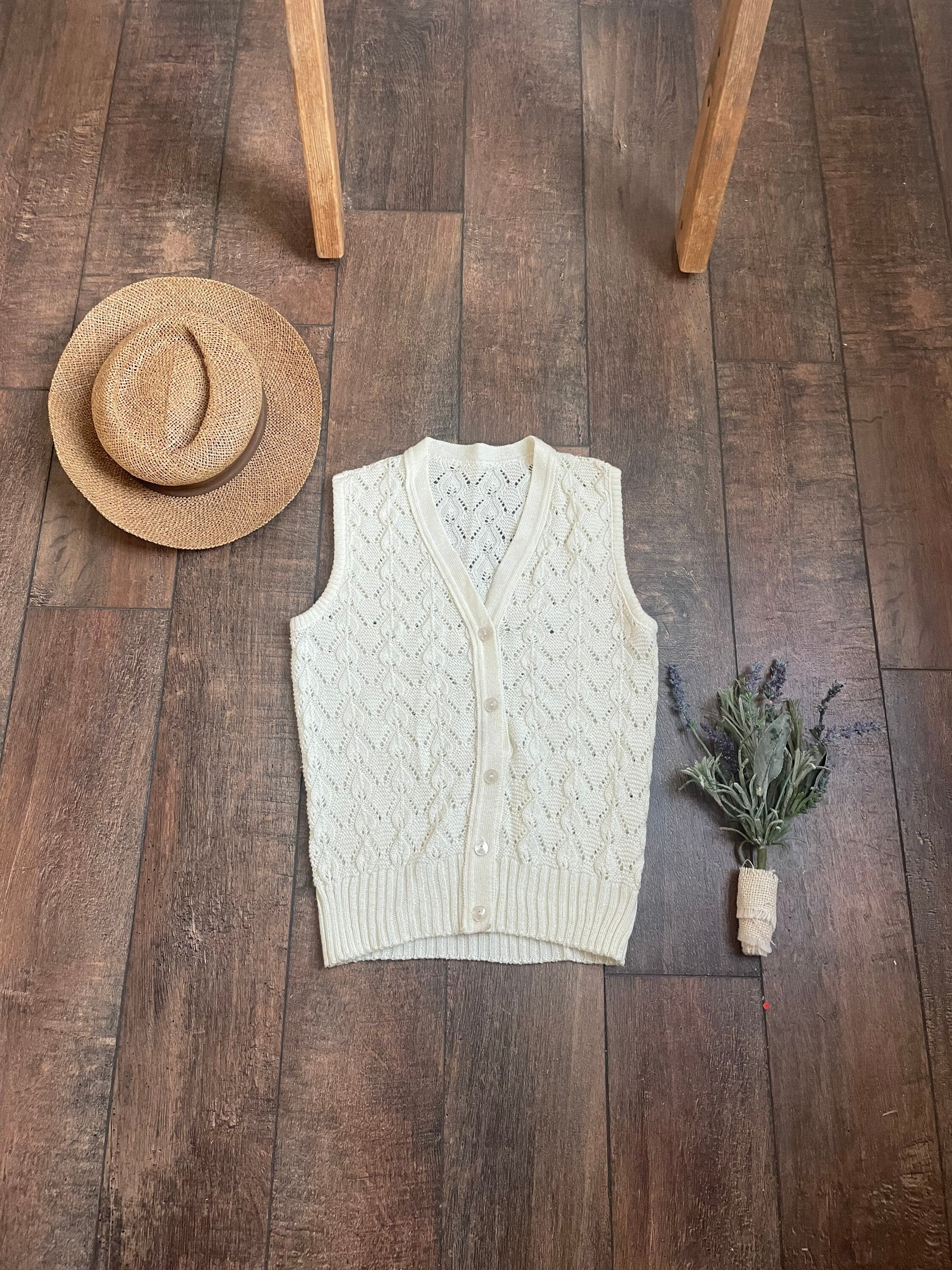 「完売品」eaphi U NECK LEAF PATTERN KNIT VEST Vintage Knit Sweater Vest, Vintage Leaf Stitch Sweater Vest